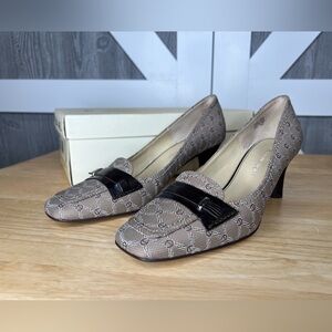 S20. Etienne Aigner Kiltie Fabric Leather Sole High Heel Pumps Brown/Cream 6m